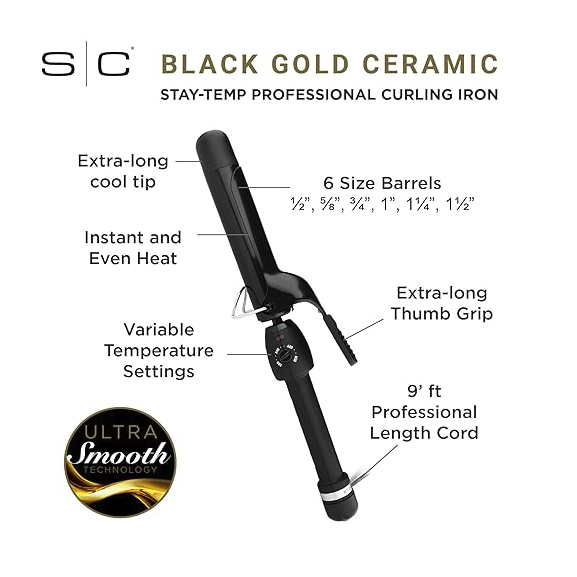 STYLCRFT STYLING - GOLD CERAMIC CURLING IRON 5/8in - BLACK