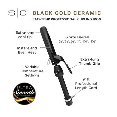 STYLCRFT STYLING - GOLD CERAMIC CURLING IRON 3/4in - BLACK