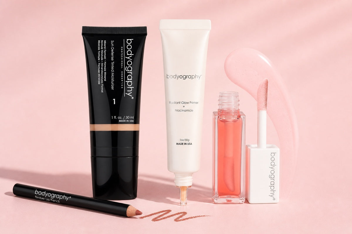 Bodyography summer essentials: Sun Defense Tinted Moisturizer, Radiant Glow Primer, Glossy Lip Oil and Timber Lip Pencil