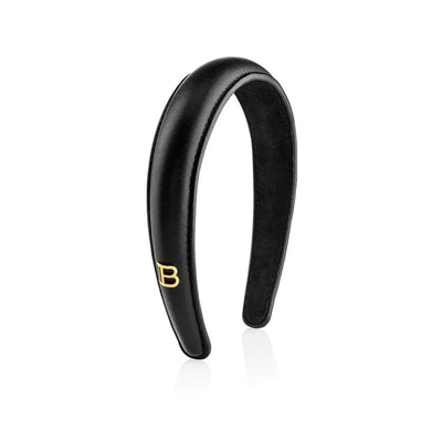 Black Signature Leather Puffed Headband with Gold Plated Logo