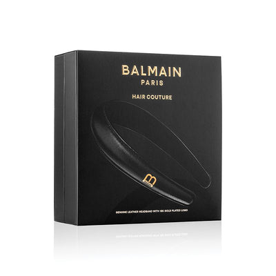 Black Signature Leather Puffed Headband with Gold Plated Logo